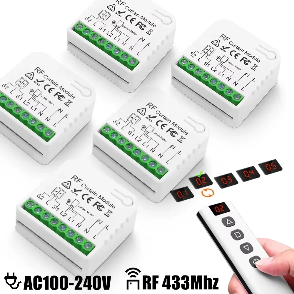 433MHz RF Curtain & Rolling Shutter Control Module 16A AC 110-240V with 5-Channel Remote Control