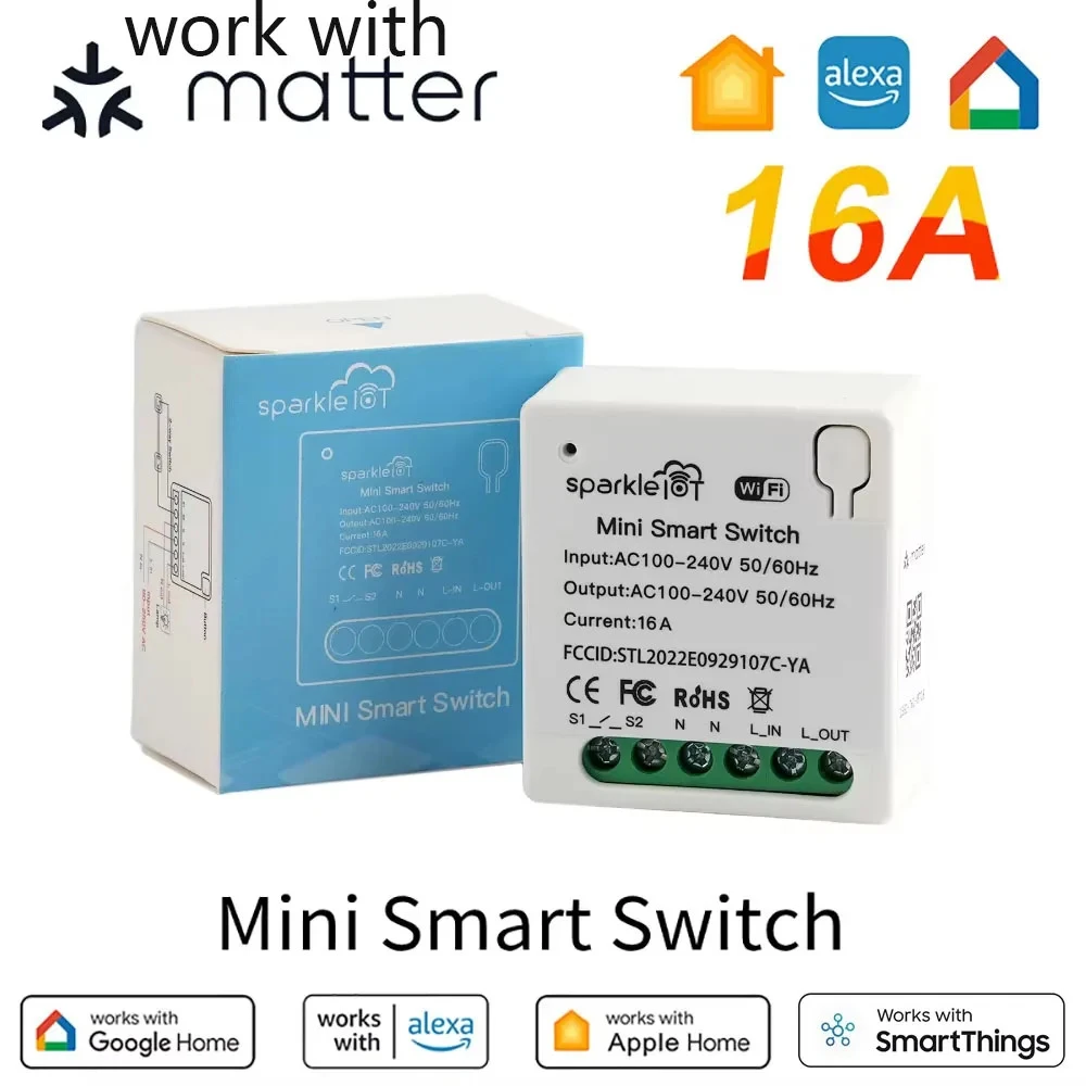 Matter-Certified 16A WiFi Mini Smart Switch with Pass-Through Control, Timer, HomeKit, Alexa & Google Home Support